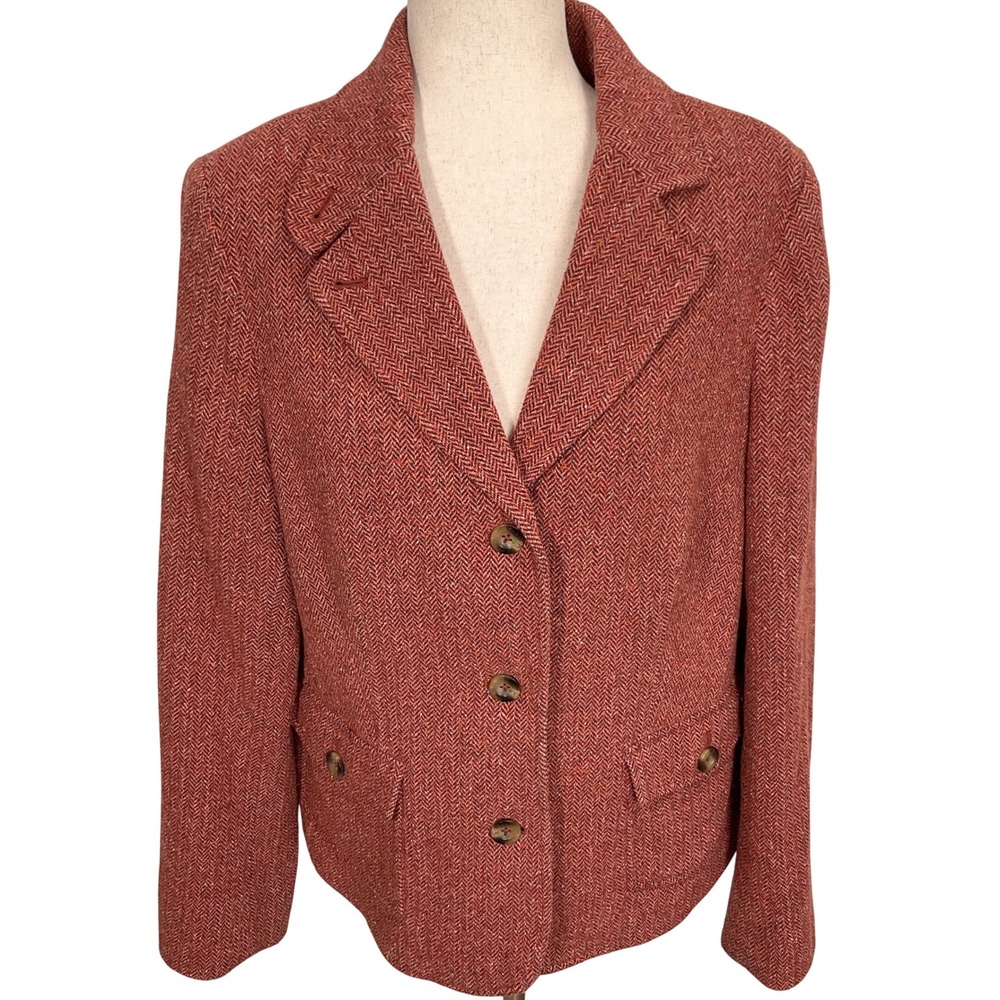 LL Bean Blazer Womens LR Red Rust Orange Herringbone Classic Wool Silk Jacket